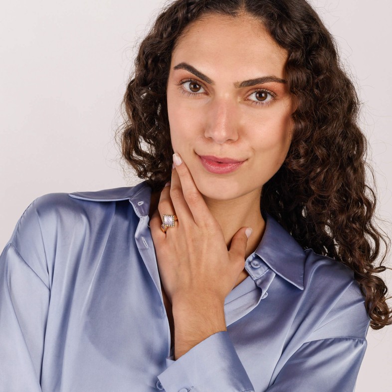 Anel Quartzo ros e Diamantes