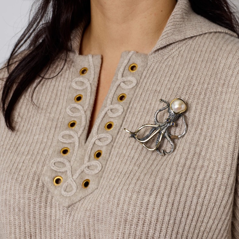 Pregadeira Polvo em Prata e Ouro com Prola e Iolites