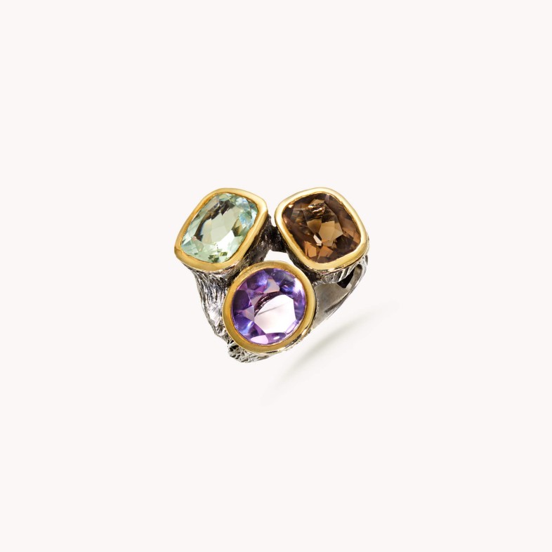 Amethysts and smoky quartz ring