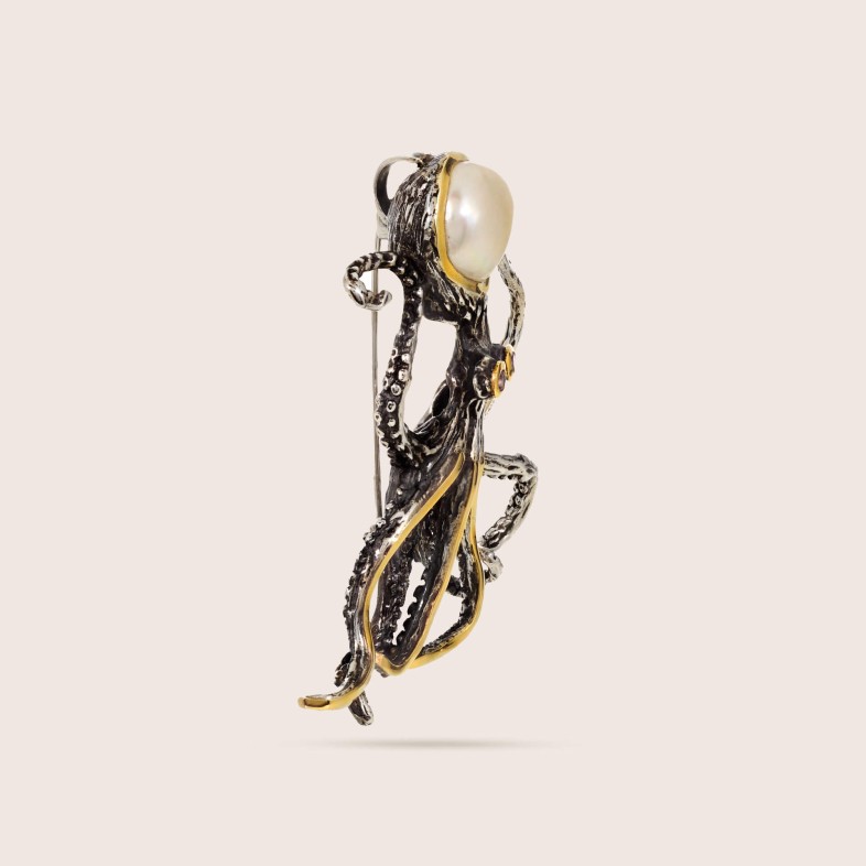 Pregadeira Polvo em Prata e Ouro com Prola e Iolites