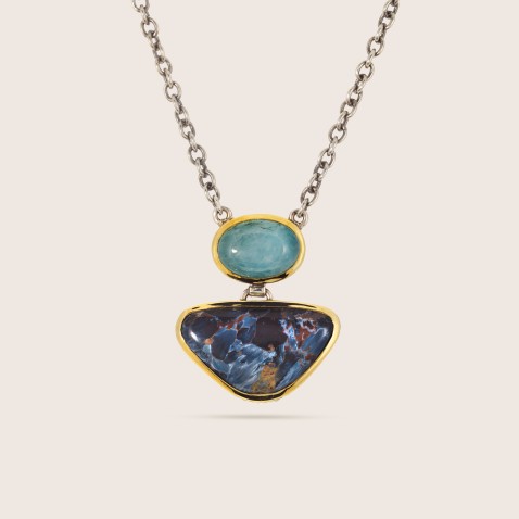 Pietersite and beryl necklace