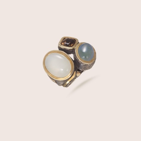 Quartz, Moonstone and Beryl Ring