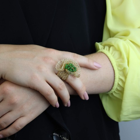 Anel Prata Dourada e Aventurinas | Crochet