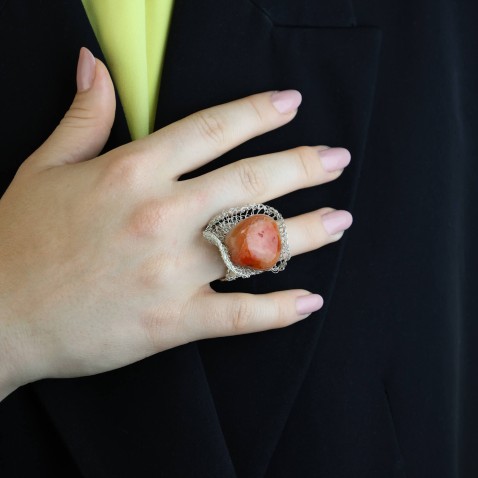 Anel Prata e Cornalina | Crochet