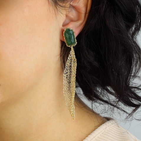 Brincos Pendentes Prata e Aventurina Verde | Crochet