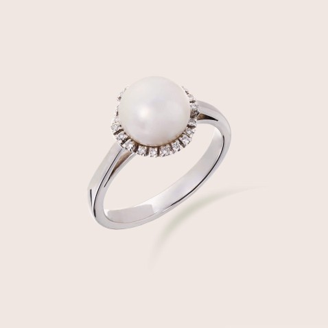 Anel de Noivado Prola e Diamantes