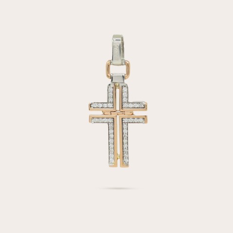 Cruz Ouro 18K Branco, Rosa e Diamantes