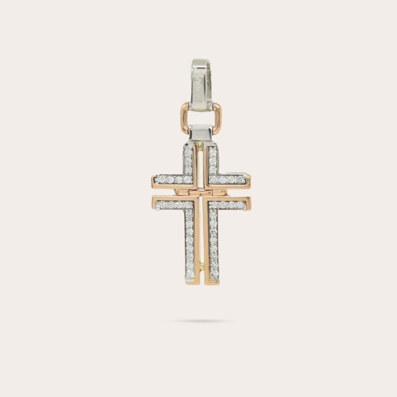 Cruz Ouro 18K Branco, Rosa e Diamantes