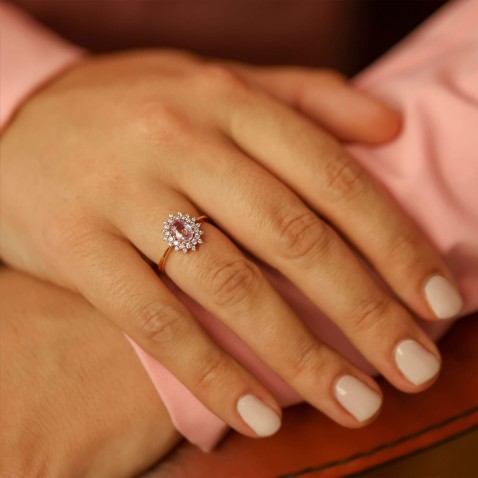 Anel de Noivado Ouro 19,2K Safira Rosa e Diamantes