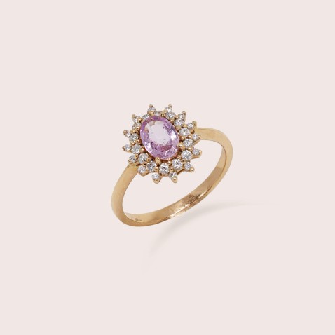 Anel de Noivado Ouro 19,2K Safira Rosa e Diamantes