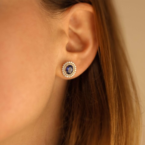 Brincos 19,2K com Diamantes e Safira | Cores Preciosas