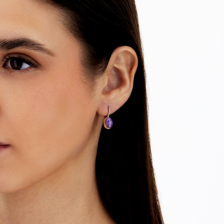 Brincos "Boules" Ouro, Diamantes e Lepidolita