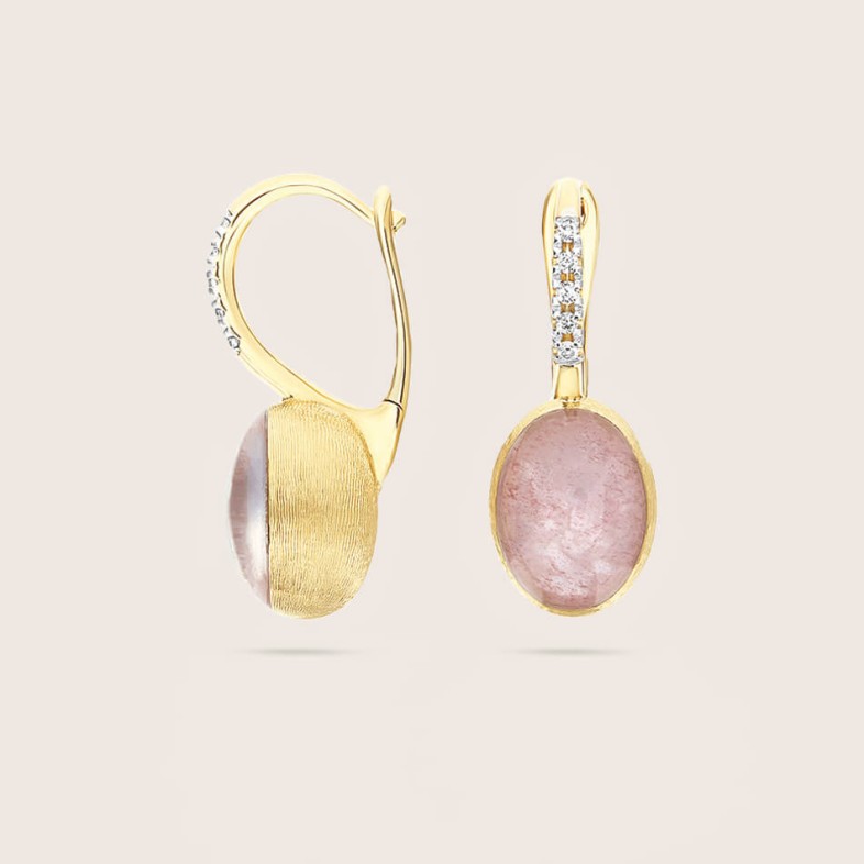 Brincos "Boules" Ouro, Diamantes e Quartz Strawberry