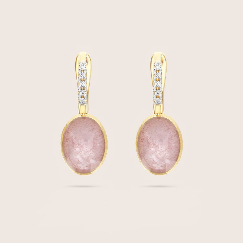 "Boules" Earrings in Gold, Diamonds and Strawberry Quartz