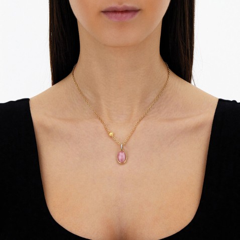 "Boules" Pendant in Gold, Diamonds and Strawberry Quartz