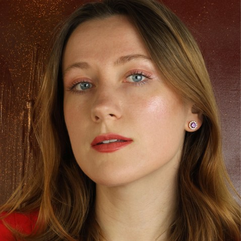 Brincos de Espigo 18K com Ametista e Diamantes | Cores Preciosas