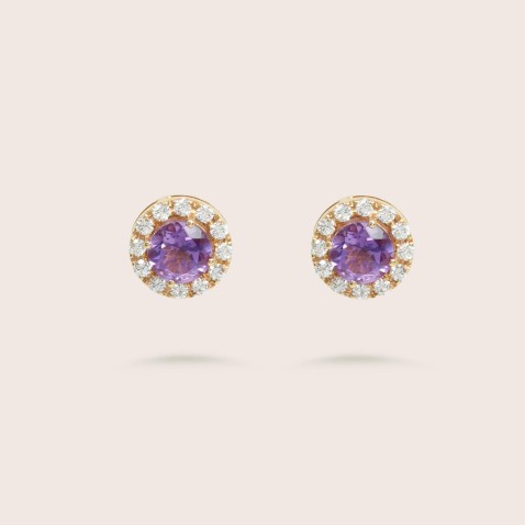 Brincos de Espigo 18K com Ametista e Diamantes | Cores Preciosas