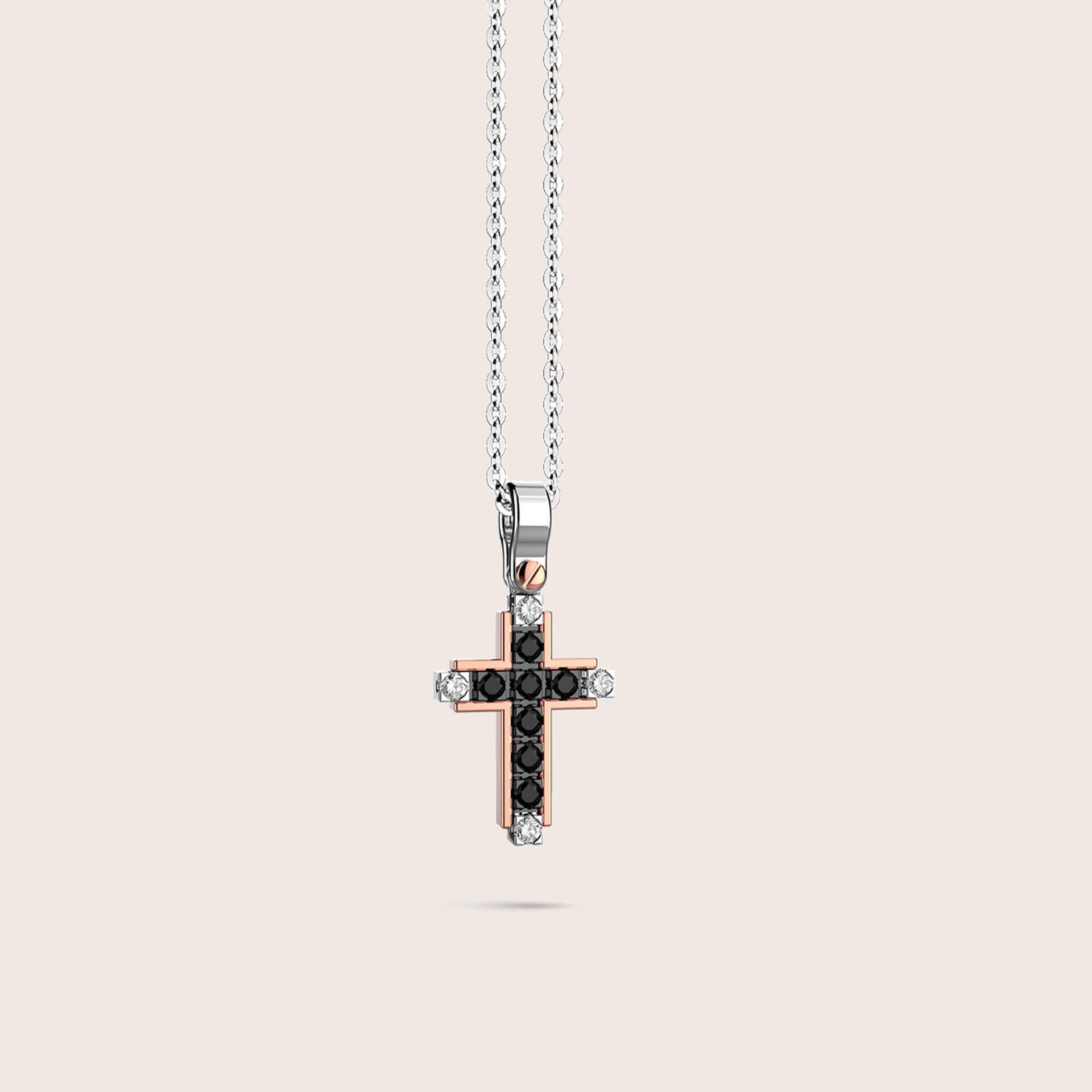 Fio com Cruz em Ouro Branco, Rosa 18K e diamantes | Zancan