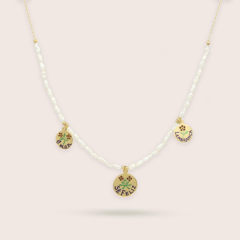 Gold-plated Sterling Silver Freshwater Pearls "Be Happy" Necklace | Lembran�a