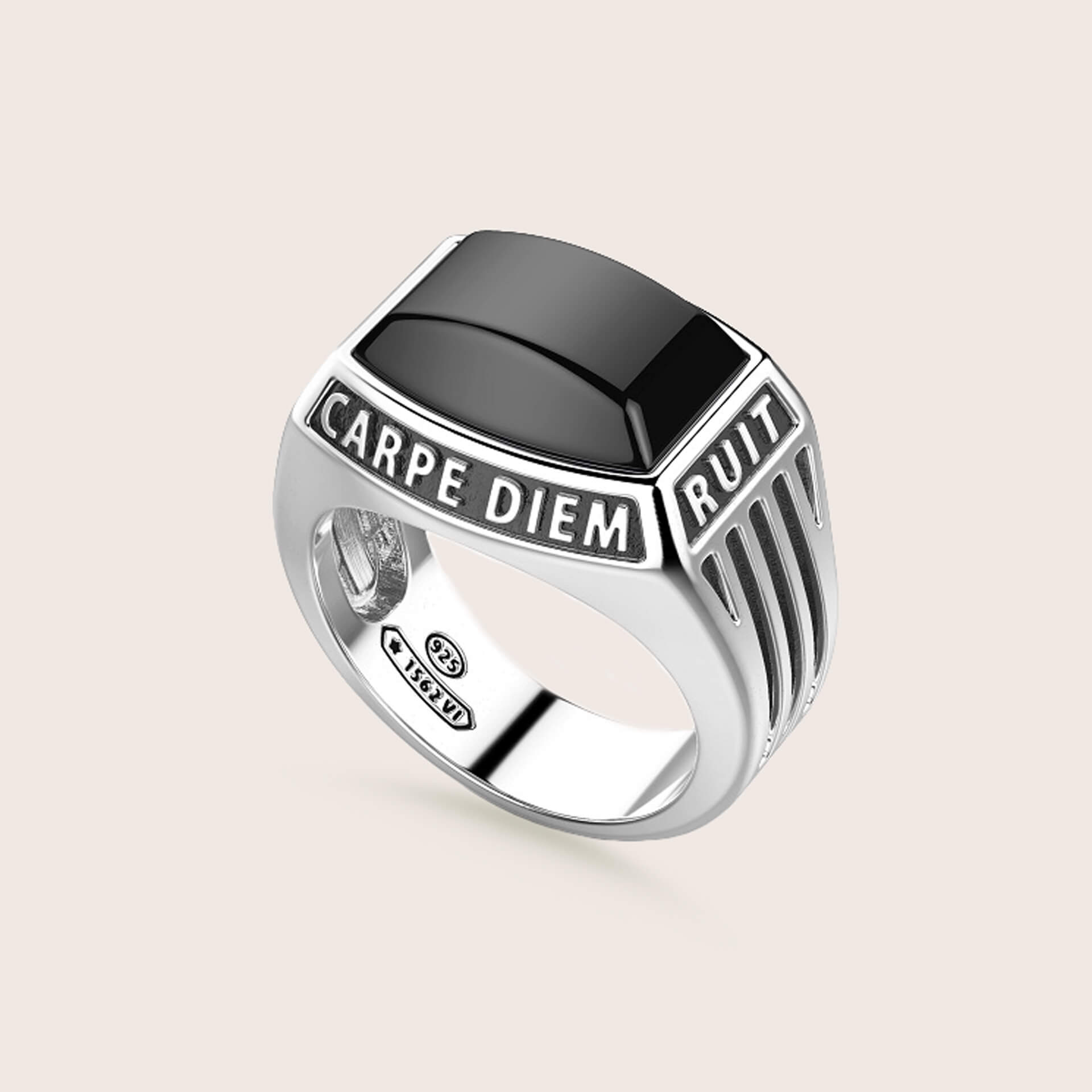 925 Silver Ring with Black Onyx and �Carpe Diem� Inscription | Zancan