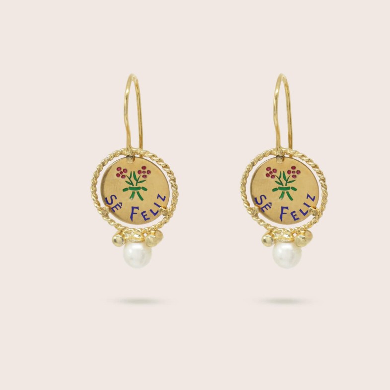 Brincos "S� Feliz" Prata 925 Dourada e P�rola | Lembran�a