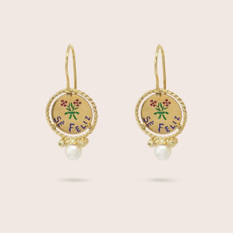 !9,2K Gold and Pearl "Be happy" Earrings | Lembran�a