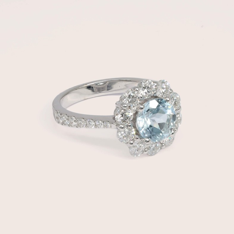 Anel de Noivado Ouro Branco 18K Diamantes e �gua-Marinha | Blue Sea