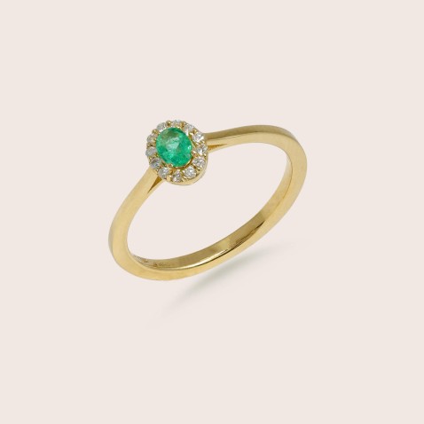 Anel de Noivado Ouro Amarelo 18K Esmeralda e Diamantes | Cores Preciosas