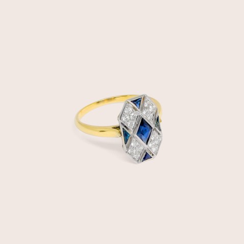 18K Two-Tone Gold Engagement Ring with Sapphires and Diamonds | Art Deco