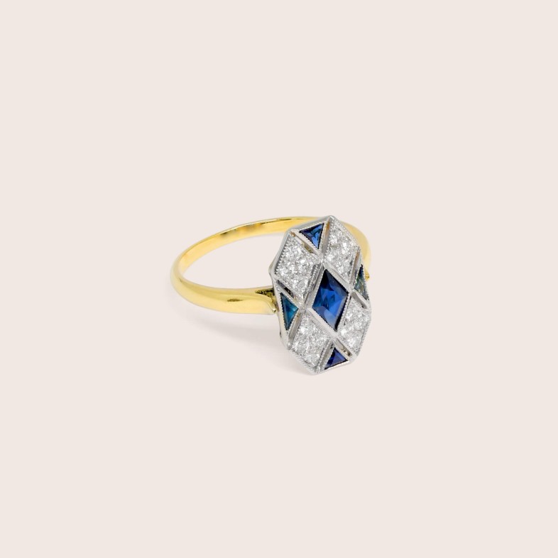 18K Two-Tone Gold Engagement Ring with Sapphires and Diamonds | Art Deco