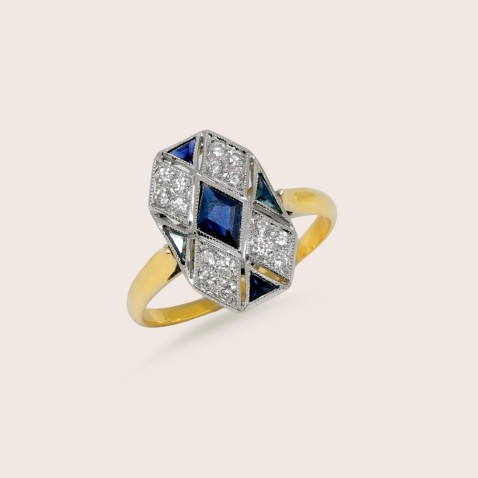 18K Two-Tone Gold Engagement Ring with Sapphires and Diamonds | Art Deco