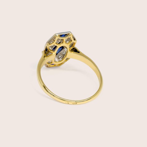 18K Two-Tone Gold Engagement Ring with Sapphires and Diamonds | Art Deco