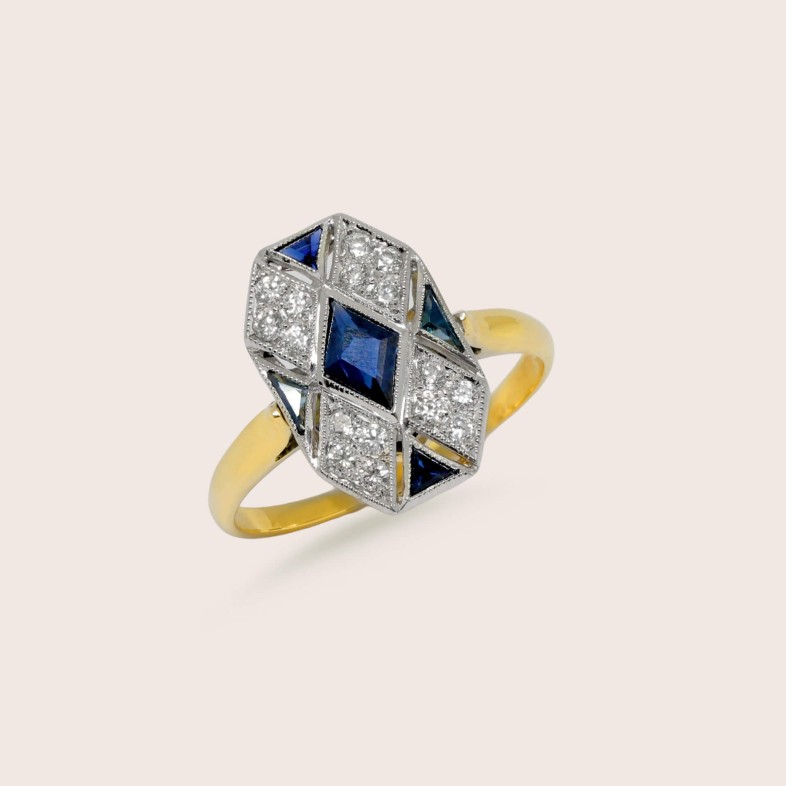 18K Two-Tone Gold Engagement Ring with Sapphires and Diamonds | Art Deco