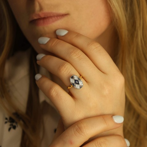 18K Two-Tone Gold Engagement Ring with Sapphires and Diamonds | Art Deco