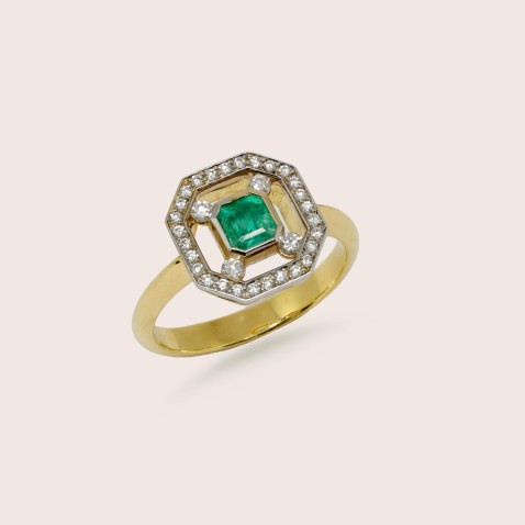 18K Two-Tone Gold Engagement Ring with Emerald and Diamonds | Art Deco