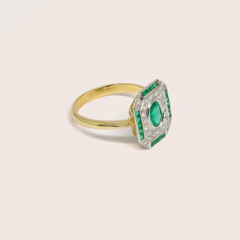 18K Two-Tone Gold Engagement Ring with Emeralds and Diamonds | Art Deco