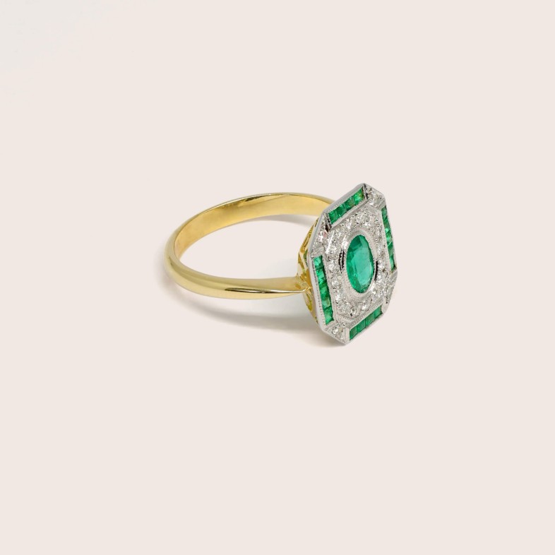 18K Two-Tone Gold Engagement Ring with Emeralds and Diamonds | Art Deco