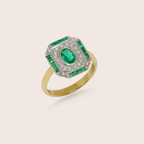 18K Two-Tone Gold Engagement Ring with Emeralds and Diamonds | Art Deco