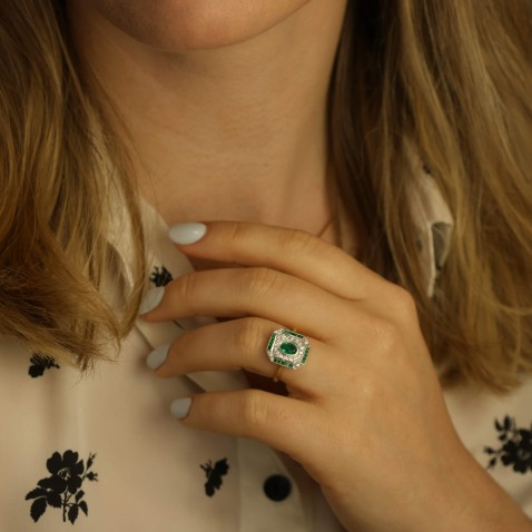 18K Two-Tone Gold Engagement Ring with Emeralds and Diamonds | Art Deco