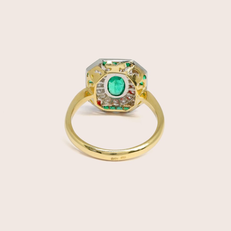 18K Two-Tone Gold Engagement Ring with Emeralds and Diamonds | Art Deco