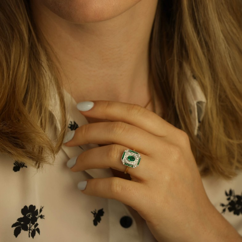 18K Two-Tone Gold Engagement Ring with Emeralds and Diamonds | Art Deco