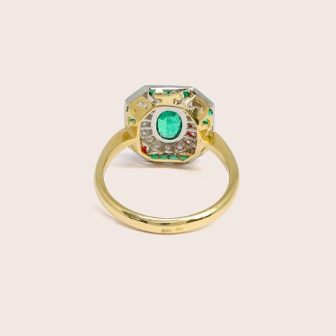 18K Two-Tone Gold Engagement Ring with Emeralds and Diamonds | Art Deco