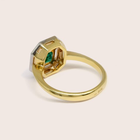 18K Two-Tone Gold Engagement Ring with Emerald and Diamonds | Art Deco