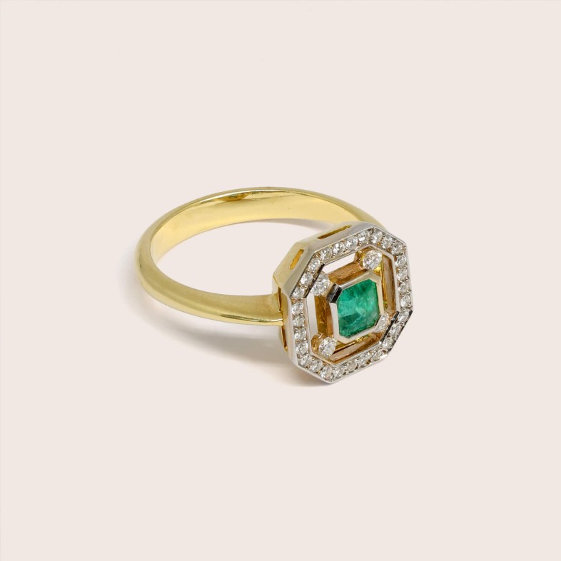 18K Two-Tone Gold Engagement Ring with Emerald and Diamonds | Art Deco