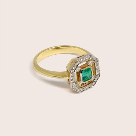 18K Two-Tone Gold Engagement Ring with Emerald and Diamonds | Art Deco