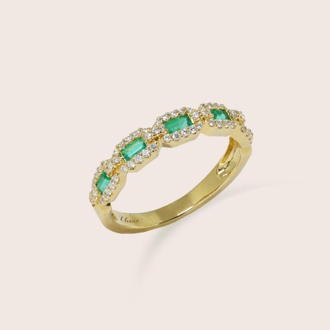 Anel de Noivado Ouro Amarelo 19.2K Esmeraldas e Diamantes | Cores Preciosas