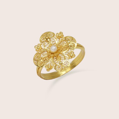 19.2K Gold Filigree Flower Ring with Pearl | 100% Handmade Filigree