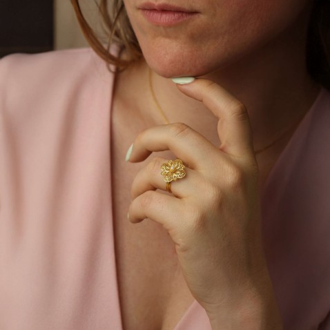 19.2K Gold Filigree Flower Ring with Pearl | 100% Handmade Filigree