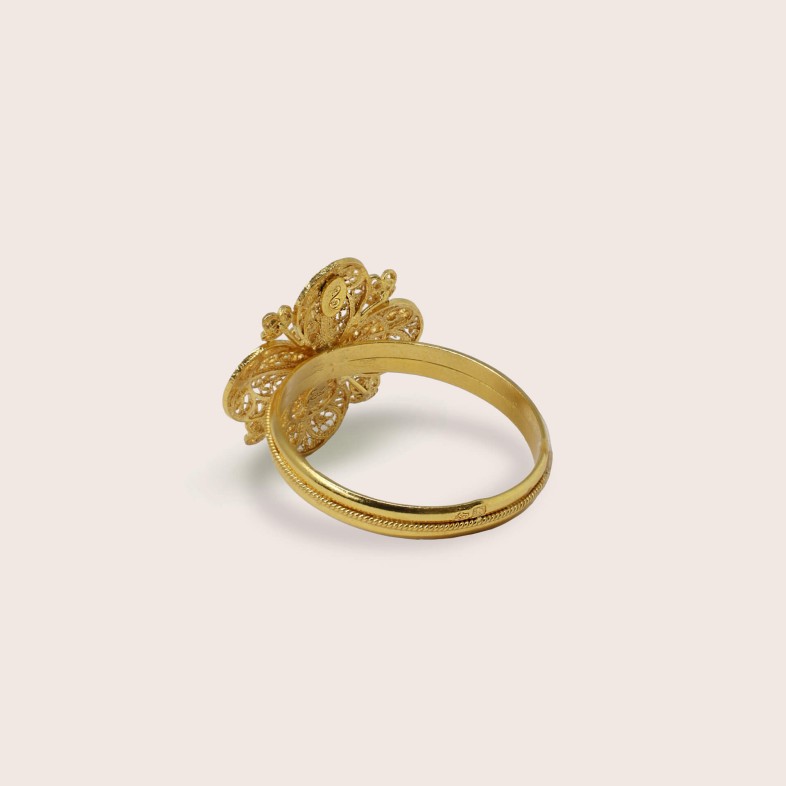 19.2K Gold Filigree Flower Ring with Pearl | 100% Handmade Filigree