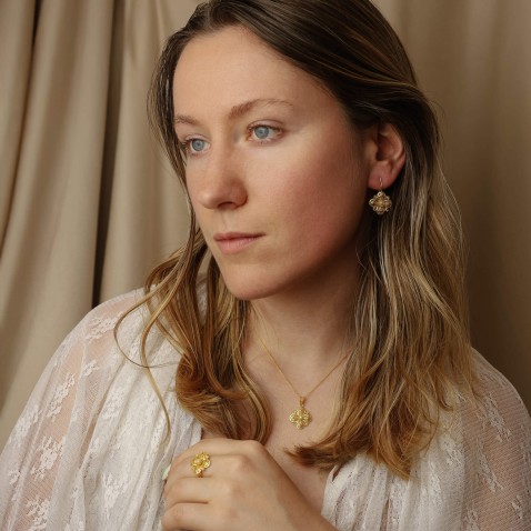 19.2K Gold Filigree Flower Earrings with Pearl | 100% Handmade Filigree